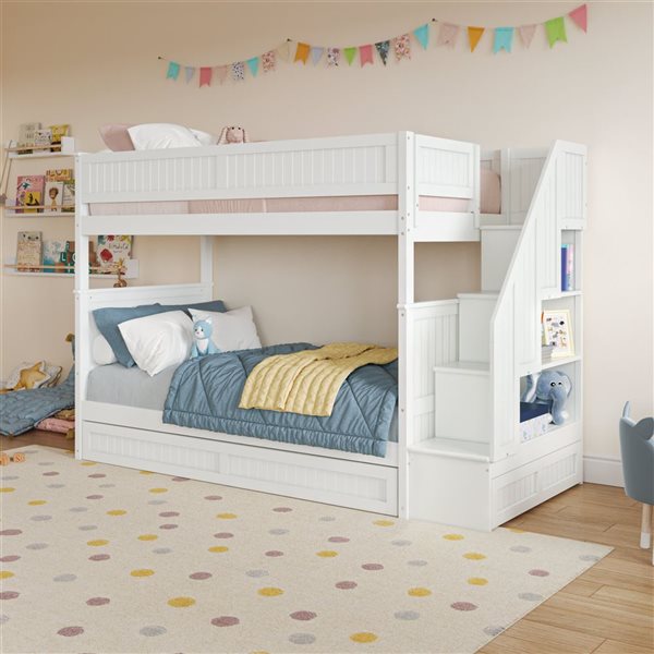 AFI Dover Twin over Twin Staircase Bunk Bed with Storage Drawer and Twin Trundle Bed - White