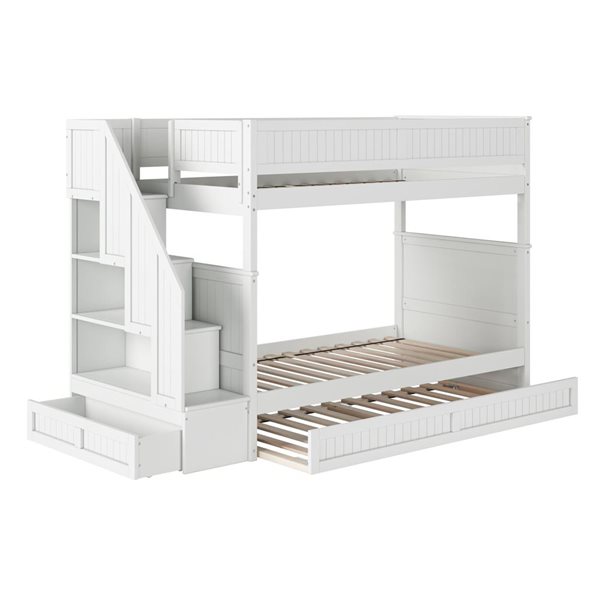 AFI Dover Twin over Twin Staircase Bunk Bed with Storage Drawer and Twin Trundle Bed - White