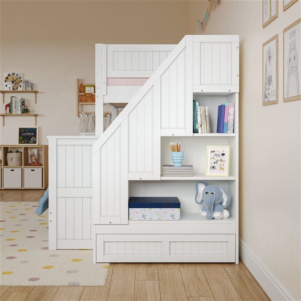 AFI Dover Twin over Full Staircase Bunk Bed with Storage Drawer and Twin Trundle Bed - White