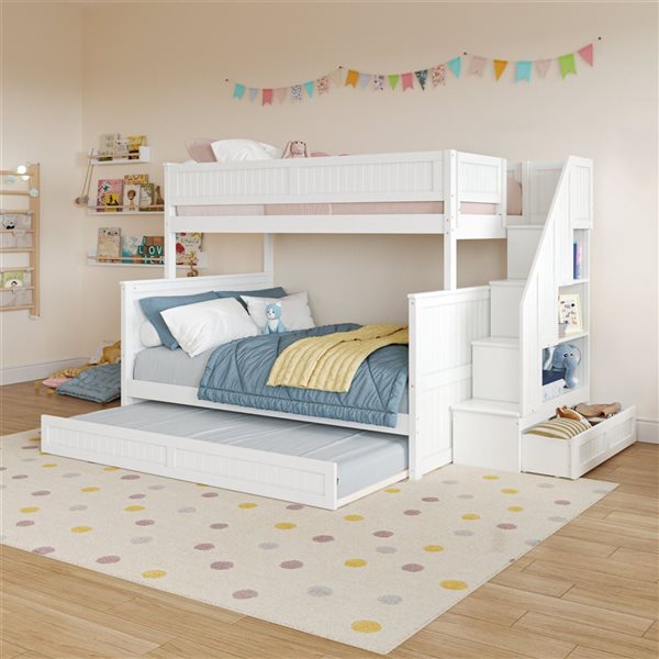AFI Dover Twin over Full Staircase Bunk Bed with Storage Drawer and Twin Trundle Bed - White