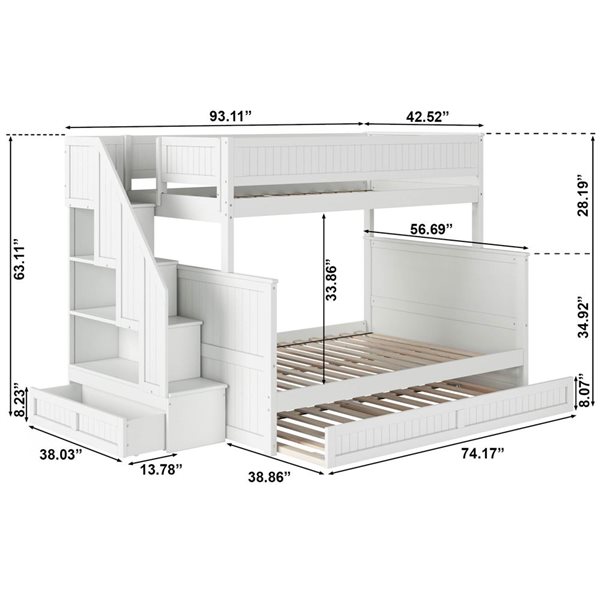 AFI Dover Twin over Full Staircase Bunk Bed with Storage Drawer and Twin Trundle Bed - White