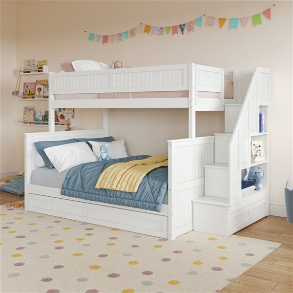 AFI Dover Twin over Full Staircase Bunk Bed with Storage Drawer and Twin Trundle Bed - White