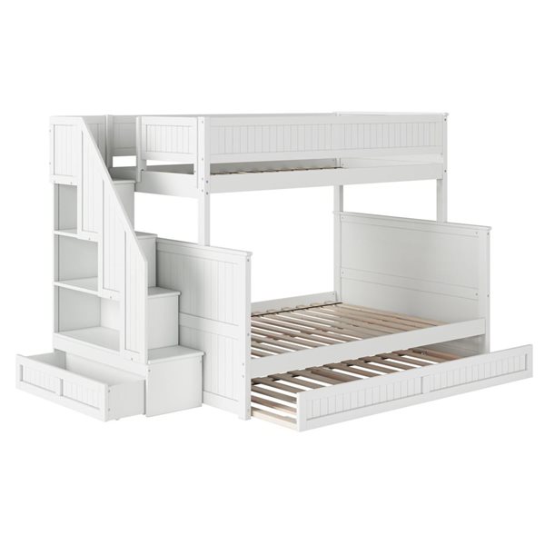 AFI Dover Twin over Full Staircase Bunk Bed with Storage Drawer and Twin Trundle Bed - White