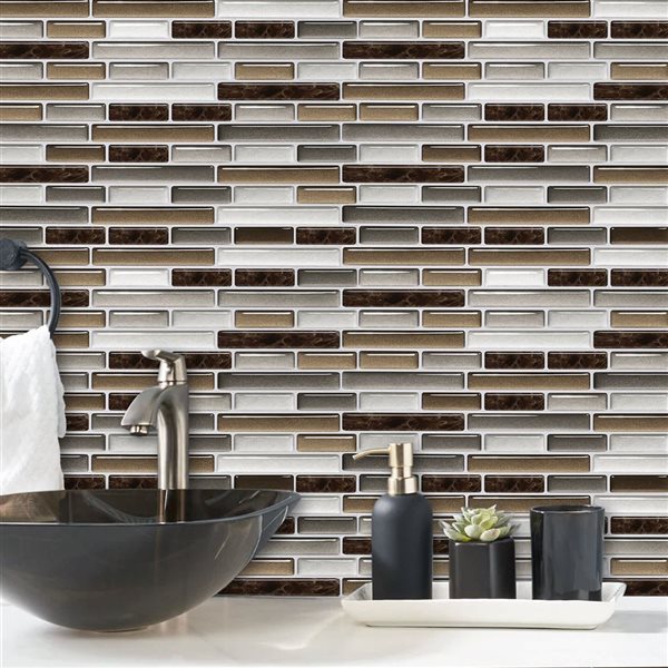 Mureno Quick Stick 8-Pack Brown Marble Mosaic 11 L x 9.25-in W Glossy Peel and Stick Backsplash Tile