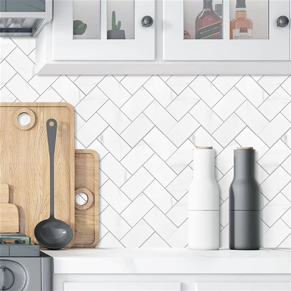 Murella SPC White Marble Herringbone 9.5 L x 10.7-in W Matte Peel and Stick Backsplash Tile
