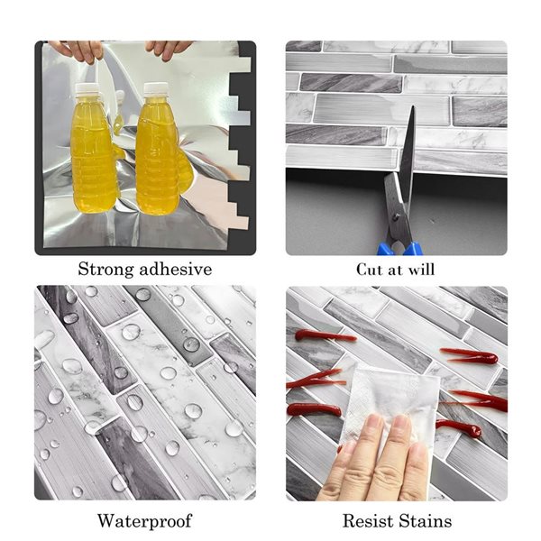 Mureno Quick Stick 8-Pack Grey Marble Oblong 11.25 L x 10-in W Glossy Peel and Stick Backsplash Tile