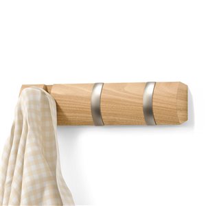 Umbra Flip 12 L x 4 W x 1.25-in D Natural Wood and Silver Wall Mounted Hook w/ 3 Foldable Hooks