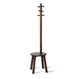 Umbra Pillar Freestanding Black and Walnut 6-Hook Wood Stool and Coat Rack