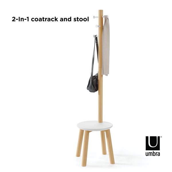 Umbra Pillar Freestanding White and Natural 6-Hook Wood Stool and Coat Rack