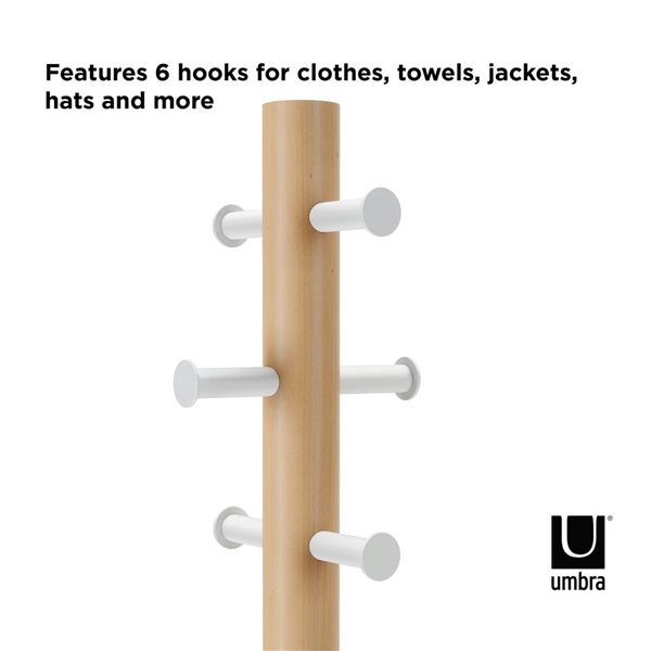 Umbra Pillar Freestanding White and Natural 6-Hook Wood Stool and Coat Rack