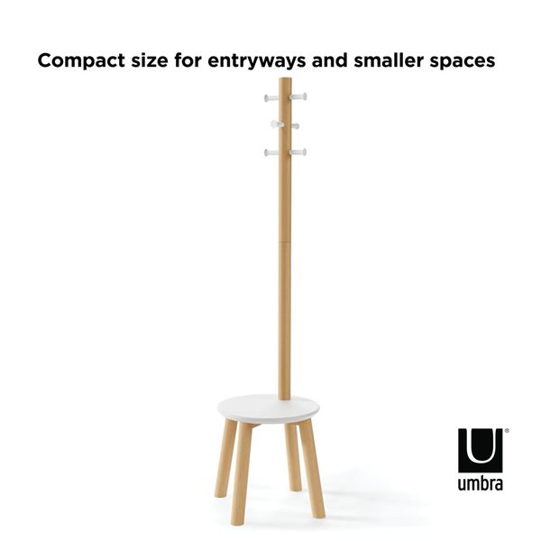 Umbra Pillar Freestanding White and Natural 6-Hook Wood Stool and Coat Rack
