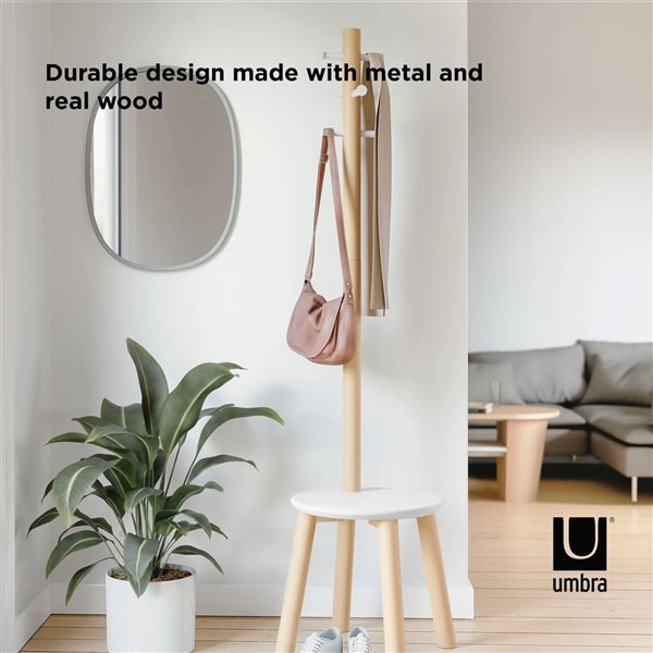 Umbra Pillar Freestanding White and Natural 6-Hook Wood Stool and Coat Rack