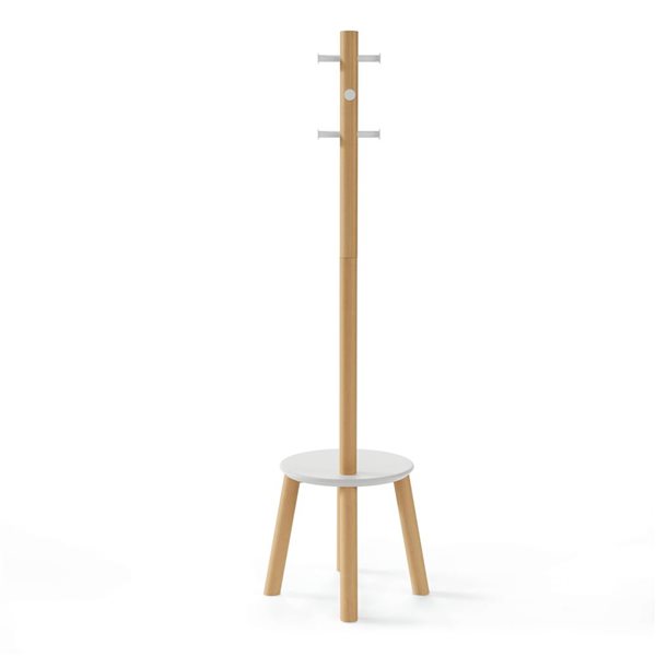 Umbra Pillar Freestanding White and Natural 6-Hook Wood Stool and Coat Rack