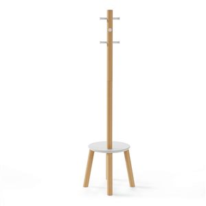 Umbra Pillar Freestanding White and Natural 6-Hook Wood Stool and Coat Rack