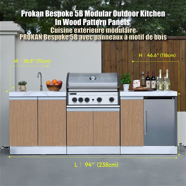 Prokan Bespoke 5-Burner 94-in W Modular Outdoor Kitchen w/ Wood Pattern Panels