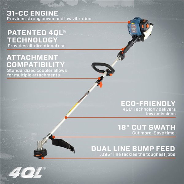 SENIX 4QL 31 cc 4-Cycle 17.7-in Gas Powered String Trimmer w/ Detachable Straight Shaft