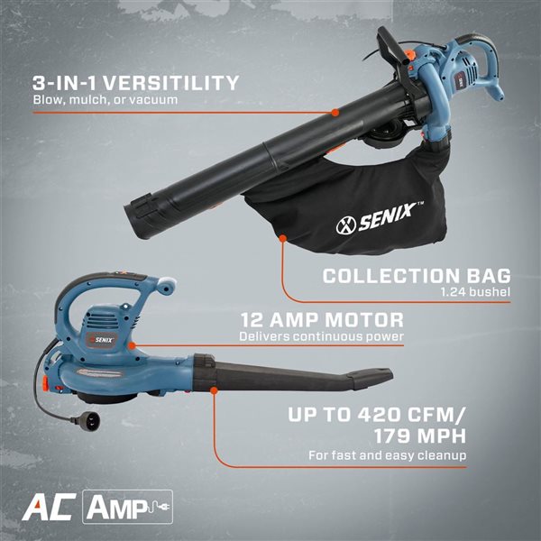 SENIX BLVE12-M 180 mph 1.5 V 420 CFM Brushless Cordless Electric Leaf Blower and Vacuum
