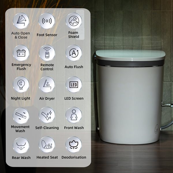 Woodbridge White Dual-Flush Elongated 1-Piece 12-in Rough-In Size Compact Smart Bidet Toilet