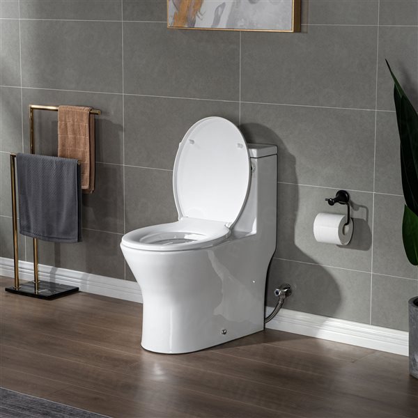 Woodbridge Dual-Flush One Piece White Toilet with Soft Closing Seat, Matte Black Button