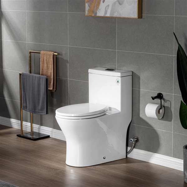 Woodbridge Dual-Flush One Piece White Toilet with Soft Closing Seat, Matte Black Button