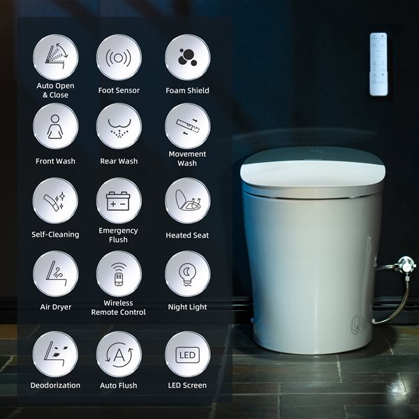 Woodbridge White Dual-Flush Elongated 1-Piece 12-in Rough-In Size Smart Bidet Toilet w/ Foot Sensor