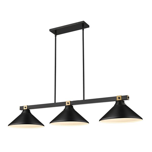 Z-Lite Bronte 3-Light Billiard Pendant w/ Conical Shades and Rubbed Brass Accents - Matte Black