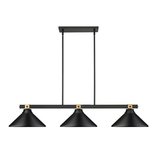 Z-Lite Bronte 3-Light Billiard Pendant w/ Conical Shades and Rubbed Brass Accents - Matte Black