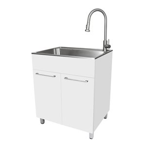 PRESENZA 28 x 22-in Steel Utility Sink with White Freestanding Cabinet, Sink, Drain and Faucet