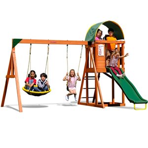 Sportspower 2-Swing and Slide Green and Brown Metal Playset w/ Sandbox