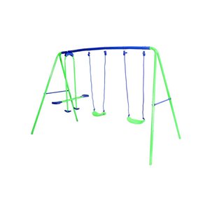 Module de jeux Sportspower en métal vert et bleu avec 2 balançoires et une glissade