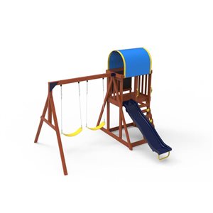 Module de jeux Addison Sportspower en bois bleu et jaune avec 2 balançoires et 1 glissade