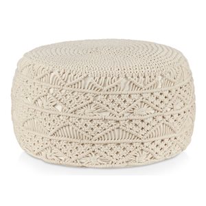 Bouclair 28 D x 14.5 H x 28-in W Vintage Beige Cotton Macrame Pouf Ottoman