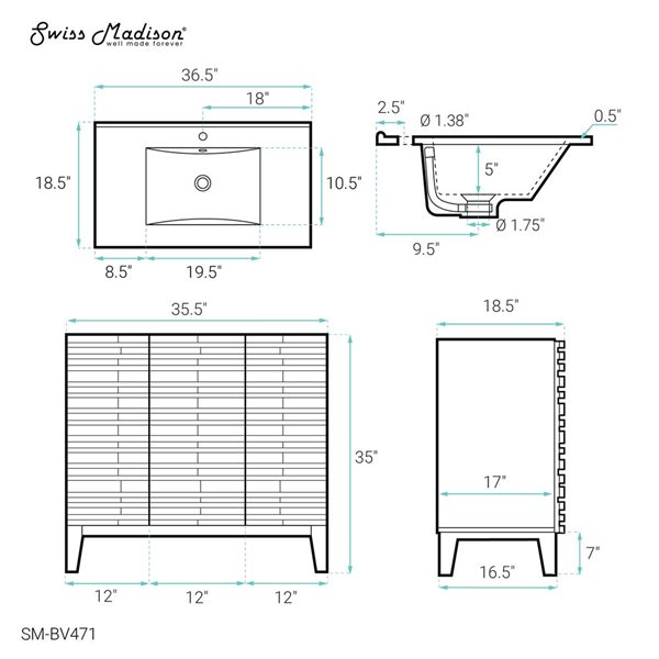 Swiss Madison Vincennes 36-in 3-Door MDF Bathroom Vanity - Natural Oak