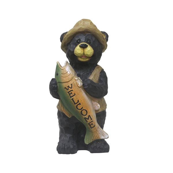 Hi-Line Gift LTD 18 H x 7.5-in W Black Standing Bear with Fish Welcome Sign