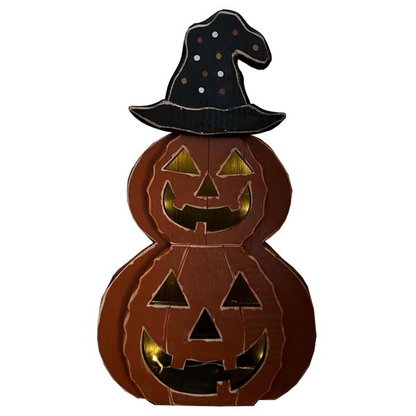 Hi-Line Gift LTD 25-in Wooden Lighted Jack-O-Lantern with Hat and Timer Battery Halloween Decor