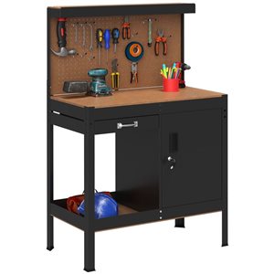 HomCom Workbench w/ Storage Drawer + Lockable Cabinet and Peg Board - Black
