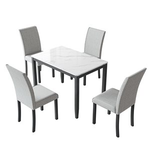 Ensemble de salle à manger 4 personnes en bois d'hévéa Sirio avec plateau de table en faux marbre, gris pâle
