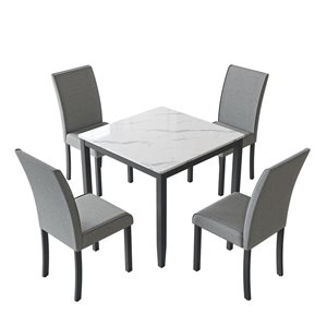Ensemble de salle à manger 4 personnes en bois d'hévéa Sirio avec plateau de table en faux marbre, gris foncé