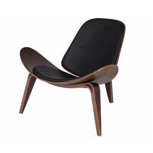 TAKE ME HOME Shell Back Mid-Century Wood Frame Genuine Leather Lounge Chair - Black