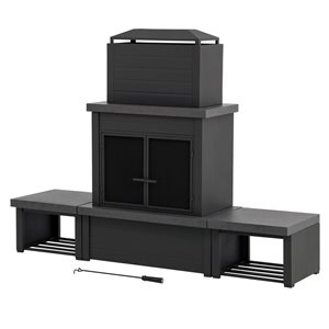 Foyer à bois d'extérieur en acier Sunjoy avec porte-bûches, portes munies de grillage de protection et housse, noir mat