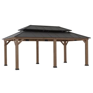 Gazebo en bois de cèdre Sunjoy avec toit en acier à deux niveaux de 12 x 20 pi, brun