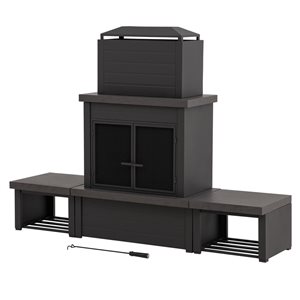 Foyer à bois d'extérieur en acier avec cheminée, tisonnier, porte-bûches et housse, noir mat