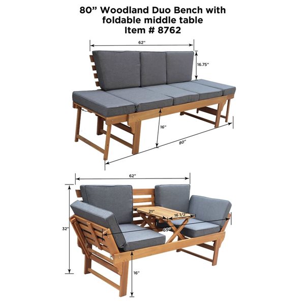 Sierra Woodland Duo Bench w/ Acacia Wood Frame - Grey