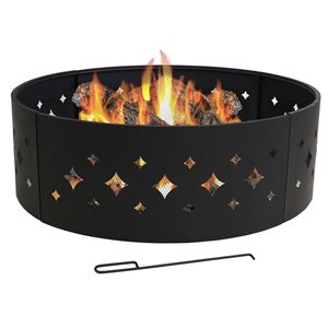 Sunnydaze Decor 36-in Black Diamond Cut-Out Steel Wood Burning Fire Pit Ring with Poker