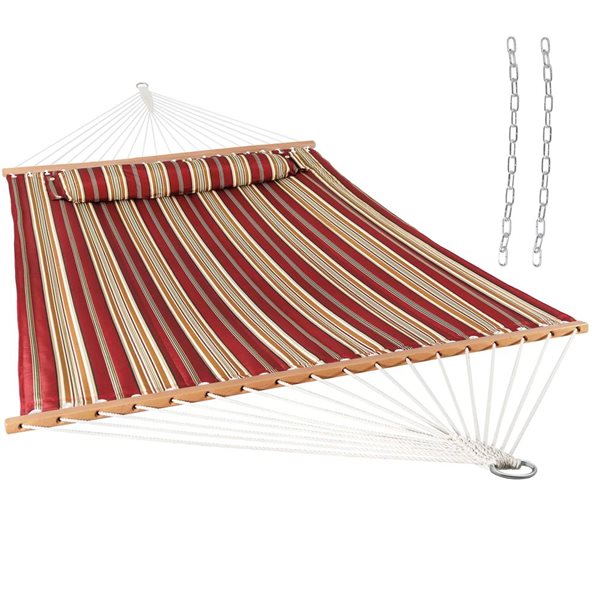 Sunnydaze Decor Red Stripe Large Quilted Hammock w/ Spreader Bar and Pillow
