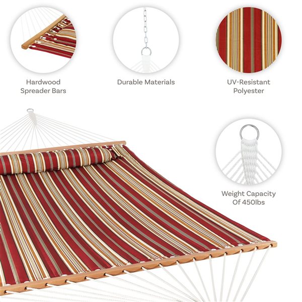 Sunnydaze Decor Red Stripe Large Quilted Hammock w/ Spreader Bar and Pillow