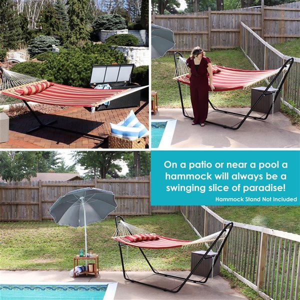 Sunnydaze Decor Red Stripe Large Quilted Hammock w/ Spreader Bar and Pillow