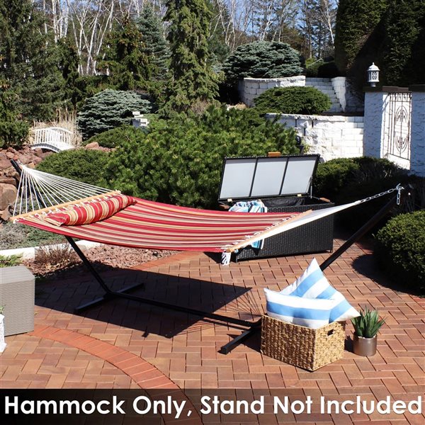 Sunnydaze Decor Red Stripe Large Quilted Hammock w/ Spreader Bar and Pillow