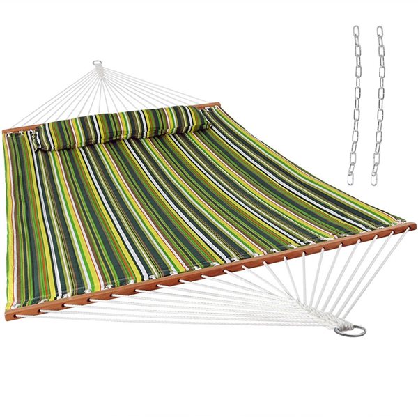 Sunnydaze Decor Melon Stripe 2-Person Quilted Hammock w/ Spreader Bar and Pillow