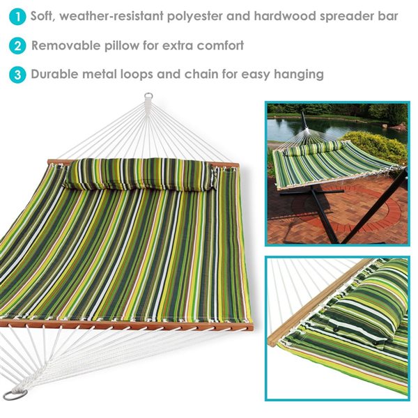 Sunnydaze Decor Melon Stripe 2-Person Quilted Hammock w/ Spreader Bar and Pillow